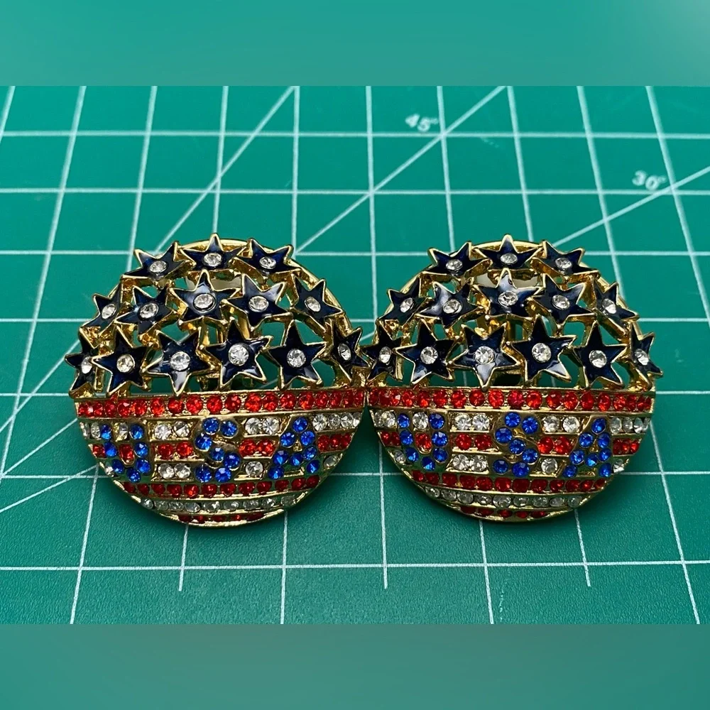 USA star Red White Blue Rhinestone US‎ Flag Clip On Earrings